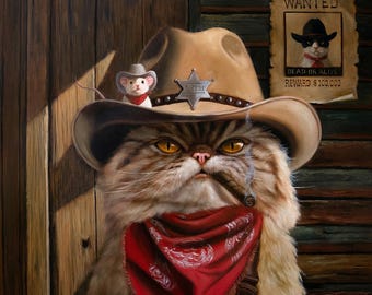 Deputy Purrkins by Lucia Heffernan, Cute Cat Art, Whimsical Animal Wall Decor, Gift for Cat Lover, Cartoon Cat Art