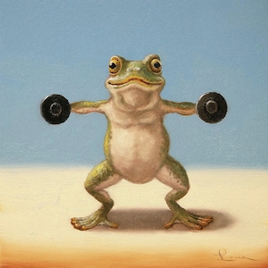 Gym Frog Dumbell Lateral Raise by Lucia Heffernan, Frog Art, Whimsical Animal Wall Decor, Gift for Frog Lover,