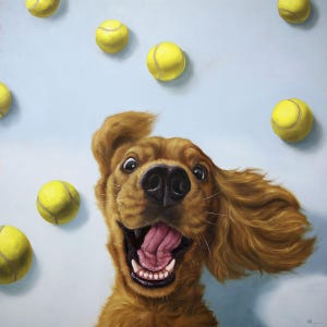Ball Boy by Lucia Heffernan, Golden Retriever Art, Whimsical Animal Wall Decor, Gift for Dog Lover, Cartoon Art