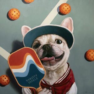 Varsity Pickle by Lucia Heffernan, Cute Dog Art, Whimsical Animal Wall Decor, Gift for Dog Lover, Cartoon Dog Art