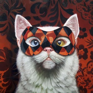 Enigma by Lucia Heffernan, Cat with Mask Art, Whimsical Animal Wall Decor, Gift for Cat Lover, Cartoon Art