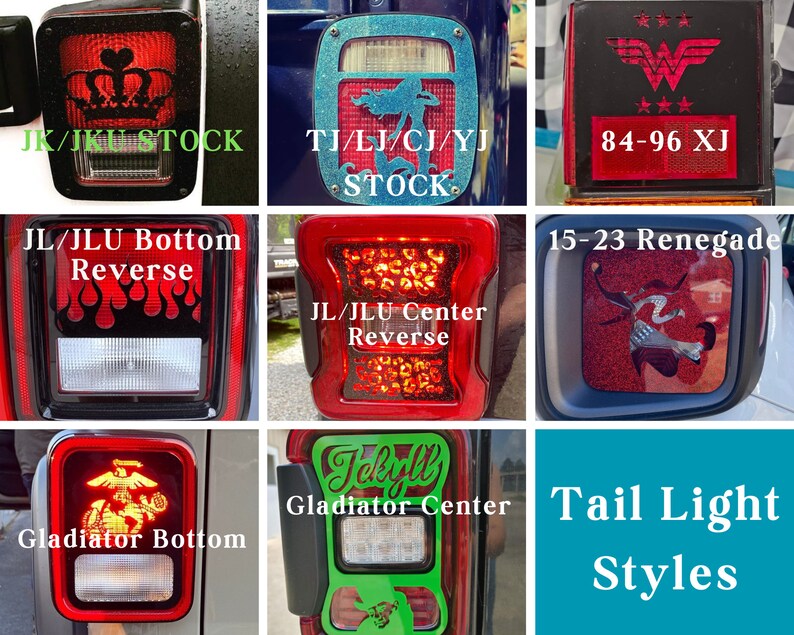 Puede incluir: Un collage de nueve estilos diferentes de luces traseras de Jeep. Los estilos incluyen una corona, una sirena, Wonder Woman, llamas, un estampado de leopardo, un perro, un emblema marino, un logotipo verde "Jekyll" y un estilo en blanco. El texto "Estilos de luces traseras" est&aacute; en la parte inferior del collage.