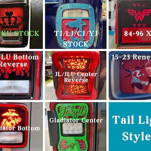 May include: A collage of nine different Jeep tail light styles. The styles include a crown, a mermaid, Wonder Woman, flames, a leopard print, a dog, a marine emblem, a green "Jekyll" logo, and a blank style. The text "Tail Light Styles" is at the bottom of the collage.
