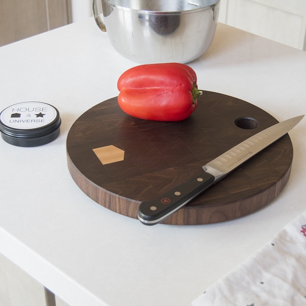 Solid Walnut Wood Cutting Board with Maple Accent| Hand Made Round End Grain Board | Great as Wall Art or Decor | Perfect as a Gift