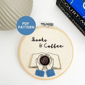 Books & Coffee Hand Embroidery Pattern: Beginner DIY (PDF Pattern)