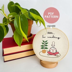 Bookish Embroidery Pattern: Shhh...I&#39;m Reading, Beginner Design (PDF Pattern)