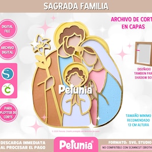 Könnte beinhalten: Ein mehrschichtiges Papierdesign der Sagrada Familia mit Josef, Maria und Jesus in Gold-, Braun-, Blau- und Rosatönen. Die digitale Datei enthält eine Lilie, Heiligenscheine und Textbeschriftungen. Empfohlene Mindesthöhe 13 cm.