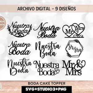Op de afbeelding: Negen zwart-witte bruidstaarttoppers met verschillende ontwerpen, waaronder "Nuestra Boda" (Onze bruiloft), "Mr & Mrs" en "Sr & Sra".