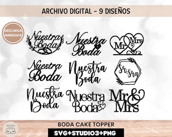 Wedding Cake topper downloadable file, cake topper bundle of 9 designs, svg, png and studio format, our wedding, mr&mrs, instant download.