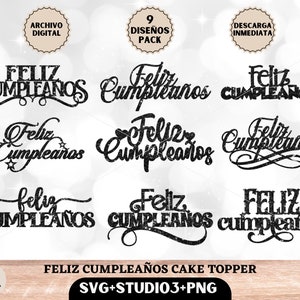 Topper de Bolo Feliz Aniversário, arquivo digital para download imediato. Em formato SVG, studio3 e png. Pacote de topo de bolo, 9 designs.
