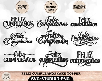 Feliz cumpleaños Cake topper, archivo digital para descarga inmediata. En formato SVG, studio3 y png. Cake topper bundle, 9 diseños.