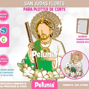 Pode incluir: Design digital em camadas de San Judas com halo de glitter dourado, túnica verde e branca e flores brancas. O gráfico inclui o texto SAN JUDAS FLORES, PARA PLOTTER DE CORTE e Petunia. Um pequeno detalhe mostra o design em uma caixa de sombra.