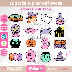 Puede incluir: Una colección de diseños digitales para adornos de cupcakes con temática de Halloween que incluye una bruja, fantasma, poción, bola de cristal, murciélago, araña, casa encantada, caldero, calabaza, gato, texto Hocus Pocus, Boo, lápida, Frankenstein y sombrero.