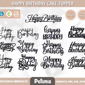 Happy Birthday cake toppers, paquete de 13 diseños digitales en formato png, svg, y STUDIO, descarga inmediata. Cake topper bundle.