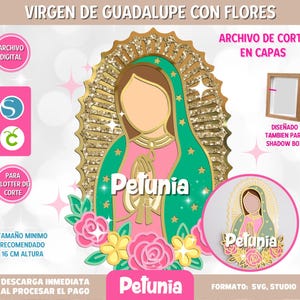 Virgin of Guadalupe with flower design, digital file, vector for plotter cutting, designed in layers, in studio and svg format, 3D.