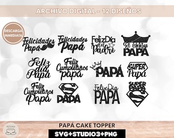 Downloadbaar pakket met taarttoppers voor papa, inclusief 12 ontwerpen voor papa's verjaardag, Vaderdag, etc., digitaal bestand.