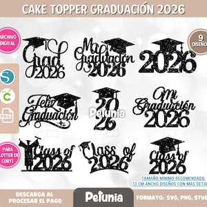Op de afbeelding: Een verzameling zwarte taarttoppers met afstudeerthema's voor het jaar 2026. De toppers bevatten zinnen als "Grad 2026" en "Class of 2026", samen met afstudeerpetten. De afbeelding bevat ook tekst in het Spaans.