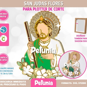 May include: Digital design featuring a gold-outlined illustration of San Judas Tadeo with a halo, holding a staff, and wearing green and white robes. The design includes the text "Petunia" and is suitable for cutting plotters.