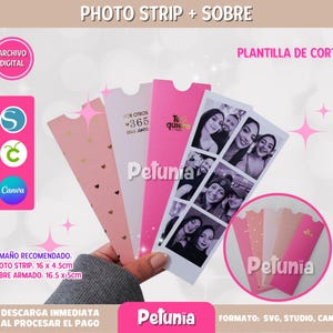 Puede incluir: Un conjunto de tira de fotos y sobres con el texto "Photo Strip + Sobre" y "Plantilla de Corte". El conjunto incluye sobres rosas, blancos y estampados, y una tira de fotos con múltiples imágenes. El tamaño recomendado es de 16 x 4,5 cm.
