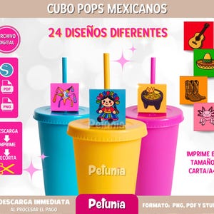 Puede incluir: Tres vasos de plástico de colores con pajitas, cada uno coronado con una imagen cuadrada. Las imágenes representan una piñata, una muñeca tradicional y un cuenco de comida. El texto "CUBO POPS MEXICANOS" está en la parte superior.