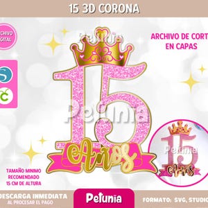3D-geschichteter Tortenaufsatz zum 15. Geburtstag, digitale Datei für Schneideplotter, im Studio- und SVG-Format, für eine Quinceanera-Torte