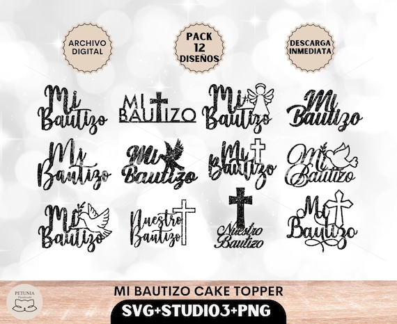 Mi bautizo Cake topper archivo digital en formato SVG, Studio y png, paquete de 12 diseños para cameo, Cricut, etc.
