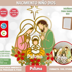 May include: A gold-colored cutout design depicting the Nativity scene, featuring Mary, Joseph, and baby Jesus, surrounded by a floral wreath. The design includes the text "NACIMIENTO NIÑO DIOS" and the brand name "Petunia".