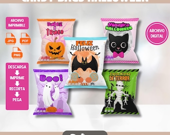 Halloween candy bags printable digital file instant download, pack of 5 chip bag designs to assemble, PDF, JPG, and PNG formats.