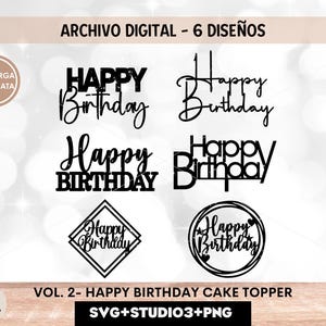 Alles Gute zum Geburtstag Kuchendeckel Vol. 2 herunterladbare Dateien, Kuchendeckel-Bundle, 6 Designs, im SVG-, PNG- und Studioformat.
