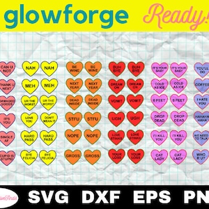 May include: A set of 40 Valentine's Day themed printable designs featuring various sayings on red, pink, yellow, orange, and purple heart shapes. The sayings include "Can U Not", "Nah", "Be Wine", "Buh Bye", "It's Your Baby", "You'll Do", "Thank U Next", "Meh", "Next Year", "Dream On", "Cold As Ice", "Coffee", "Damaged Goods", "Ur The Worst", "Dead Inside", "Vomit", "6 Feet", "I Hate You", "It's Not Me", "Love You", "Don't Mean It", "STFU", "Ugh", "Drop Dead", "Hahaha", "Single AF", "Hard Pass", "Nope", "Love Stinks", "I'll Kill You", "We Need To Talk", "Cupid Is Stupid", "Bye Felicia", "Gross", "Your Loss", "Cat Lady", "Who R U?"