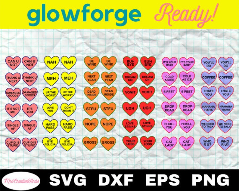 May include: A set of 40 Valentine's Day themed printable designs featuring various sayings on red, pink, yellow, orange, and purple heart shapes. The sayings include "Can U Not", "Nah", "Be Wine", "Buh Bye", "It's Your Baby", "You'll Do", "Thank U Next", "Meh", "Next Year", "Dream On", "Cold As Ice", "Coffee", "Damaged Goods", "Ur The Worst", "Dead Inside", "Vomit", "6 Feet", "I Hate You", "It's Not Me", "Love You", "Don't Mean It", "STFU", "Ugh", "Drop Dead", "Hahaha", "Single AF", "Hard Pass", "Nope", "Love Stinks", "I'll Kill You", "We Need To Talk", "Cupid Is Stupid", "Bye Felicia", "Gross", "Your Loss", "Cat Lady", "Who R U?"