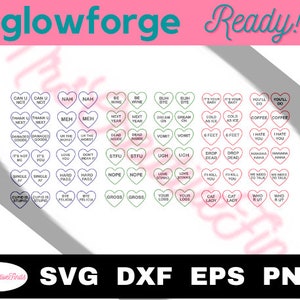 May include: A set of 48 printable Valentine's Day conversation heart designs. The hearts are pink, green, and purple with white text. The text includes phrases like "Can U Not", "Nah", "Love You", "Stfu", "Ugh", "I Hate You", "Cupid is Stupid", "Bye Felicia", "Gross", "Your Loss", "Cat Lady", and "Who R U?"