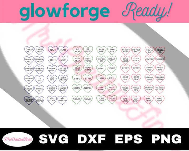 May include: A set of 48 printable Valentine's Day conversation heart designs. The hearts are pink, green, and purple with white text. The text includes phrases like "Can U Not", "Nah", "Love You", "Stfu", "Ugh", "I Hate You", "Cupid is Stupid", "Bye Felicia", "Gross", "Your Loss", "Cat Lady", and "Who R U?"