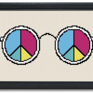 Hippie Glasses Cross Stitch Pattern PDF / Flower Child / Peace Sign / Vintage Chart / Instant Download / Beginner Cross Stitch