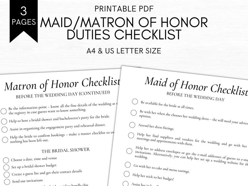 Matron maid Of Honor Duties Checklist Printable Wedding Etsy