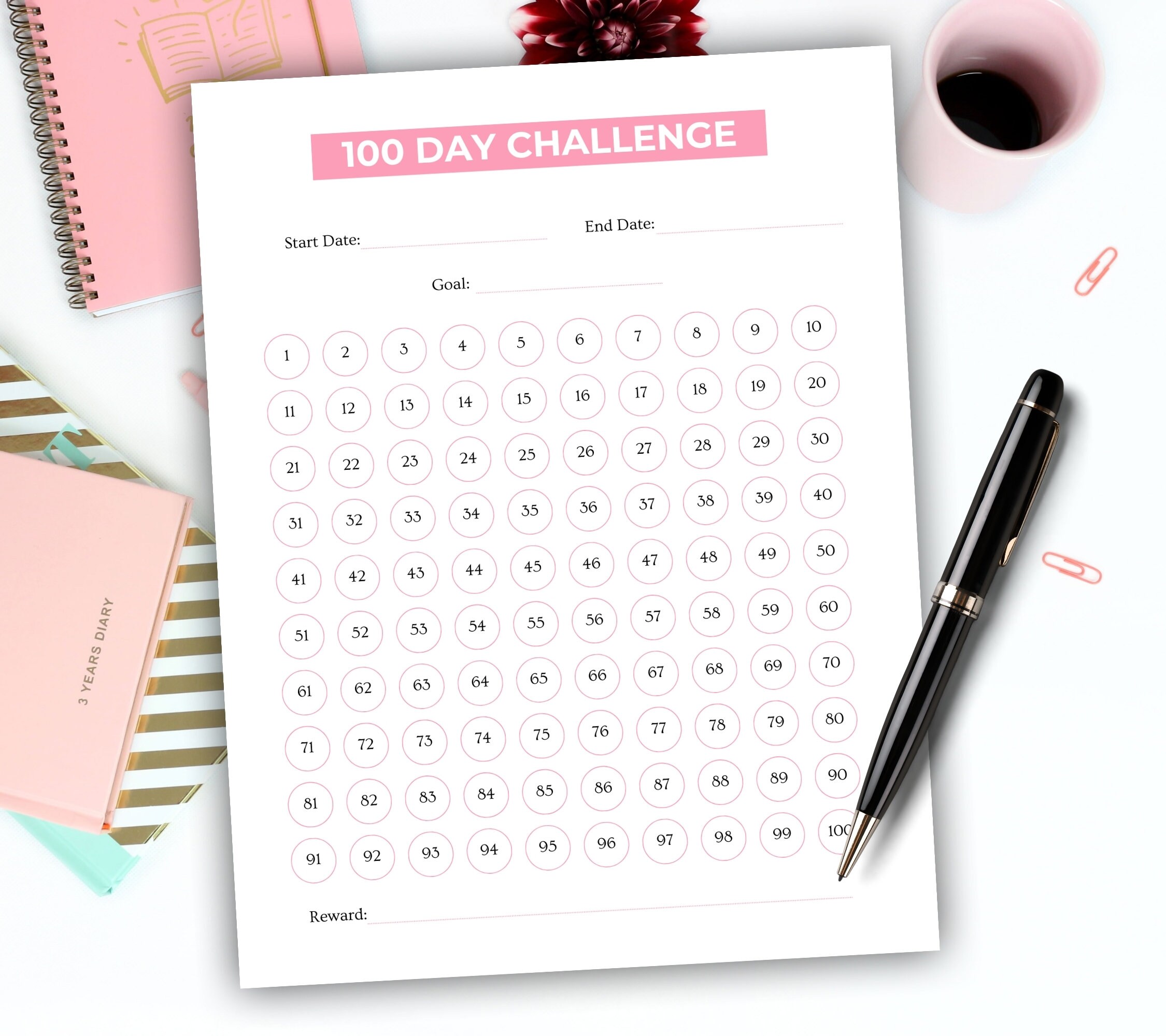 100 Day Challenge Printable PDF, 100 Day Challenge Chart Worksheet, 100 ...