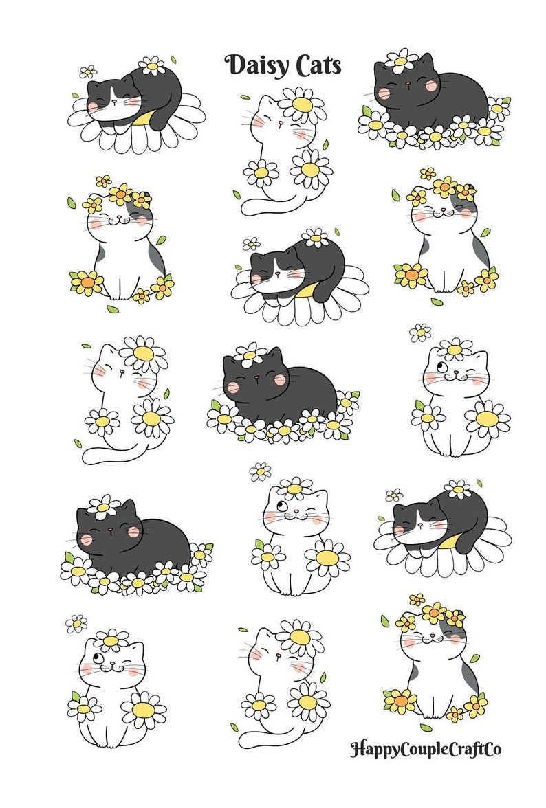 Daisy Cats Sticker Sheet Cute Cat Stickers Flowers and Cats Etsy
