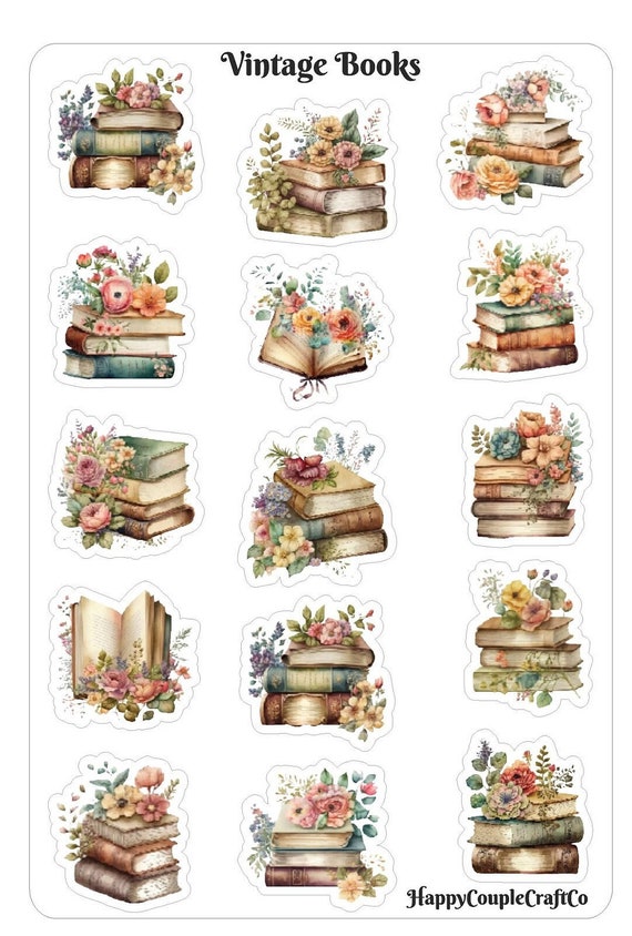 Vintage Book Sticker Sheet, Floral Reading Stickers, Book Lover Gift Ideas,  Journal Stickers, Scrapbook Stickers, Planner Stickers
