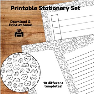May include: Printable stationery set with 10 different templates featuring a black and white cat paw print pattern. Download and print at home.