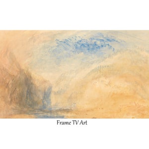 Samsung Frame TV Art Mountain Lake | Blue and Yellow Vintage Landscape Painting Digital Download Print