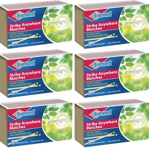 May include: Six boxes of Diamond Strike Anywhere Matches. Each box features a blue and red label with the brand name, product description, and the text "greenlight." The boxes are made of cardboard and contain 300 large kitchen matches.
