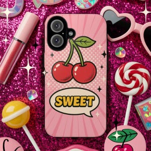 Etui na telefon Sweet Cherry Pop Art na iPhone'a – urocze różowe etui w stylu komiksowym z czerwonymi wiśniami i dymkami na estetykę Y2K