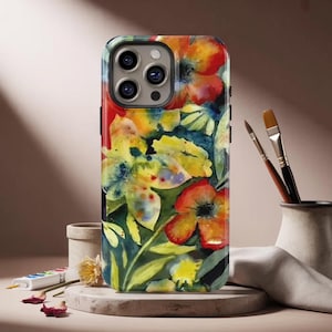 Coque pour iPhone florale aquarelle colorée avec motif de jardin Adrianne Lenker - Coque de téléphone botanique vibrante, impression artistique de style coup de pinceau