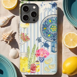 iPhone Handyhülle Blaue Zitrone Blumen Sommer Vintage Design Küstenküche Cottagecore Geschenk Ästhetik Mediterran
