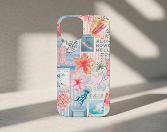 Funda para iPhone con un collage costero azul playero y bonito, estética preppy y coqueta, con un toque veraniego.