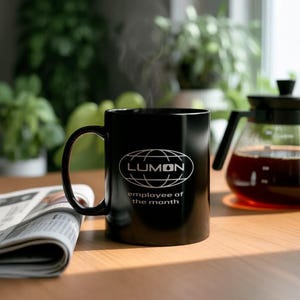 Custom Lumon Employee of the Month Mug – Personalized Severance TV Inspired Black Coffee Cup with Name on Back