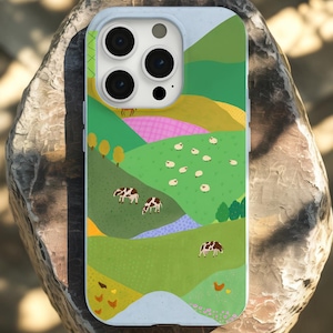 Pastoral Farm iPhone Case With Colorful Countryside Animal Scene Cows Sheep Chickens Rolling Hills Design Cottagecore Aesthetic Phone Cover