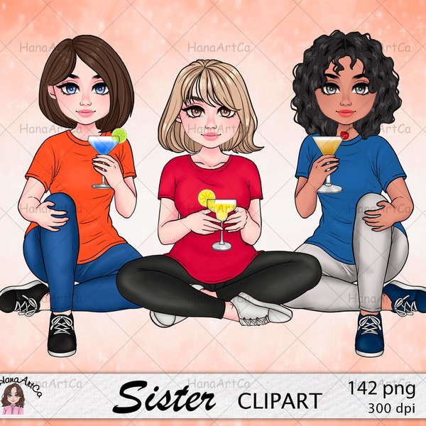 Sisters clipart, Best Friends Clipart, Besties Clipart, Soul sisters clipart, Cocktails clipart, customizable PNG