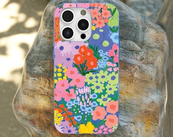 Funda floral colorida para iPhone con diseño de flores brillantes, patrón de jardín vibrante, estilo acuarela, estética floral, idea de regalo primaveral.
