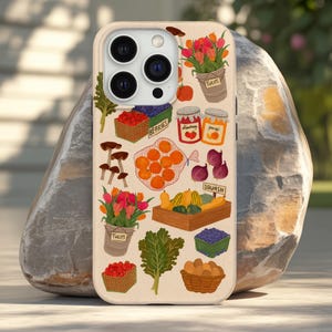 Farmers Market iPhone Case With Fruit Vegetable Tulip Jam Basket Design Cottagecore Produce Aesthetic Grocery Theme Phone Cover Gift Idea